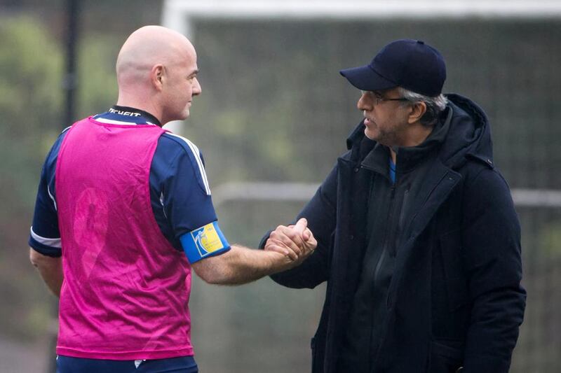 New Fifa president Gianni Infantino (L) shakes hands with Sheikh Salman Bin Ebrahim Al Khalifa prior to a Fifa Team Friendly Football Match at the Fifa headquarters on February 29, 2016 in Zurich, Switzerland. (Photo by Philipp Schmidli/Getty Images)