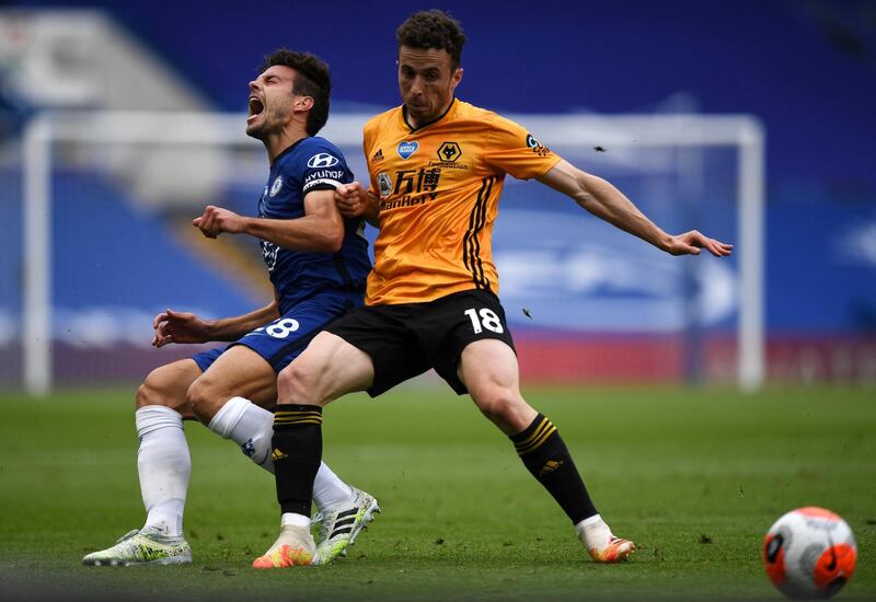 Chelsea's Spanish defender Cesar Azpilicueta (L) is fouled by Wolverhampton Wanderers' Portuguese midfielder Diogo Jota during the English Premier League football match between Chelsea and Wolverhampton Wanderers at Stamford Bridge in London on July 26, 2020. (Photo by DANIEL LEAL-OLIVAS / POOL / AFP) / RESTRICTED TO EDITORIAL USE. No use with unauthorized audio, video, data, fixture lists, club/league logos or 'live' services. Online in-match use limited to 120 images. An additional 40 images may be used in extra time. No video emulation. Social media in-match use limited to 120 images. An additional 40 images may be used in extra time. No use in betting publications, games or single club/league/player publications. / 