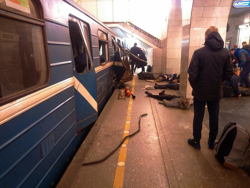 Blast victims lie near a subway train hit by an explosion in between the Technological Institute and Sennaya Ploshchad metro stations in St Petersburg, Russia. AP Photo / DTP&ChP St. Peterburg via AP