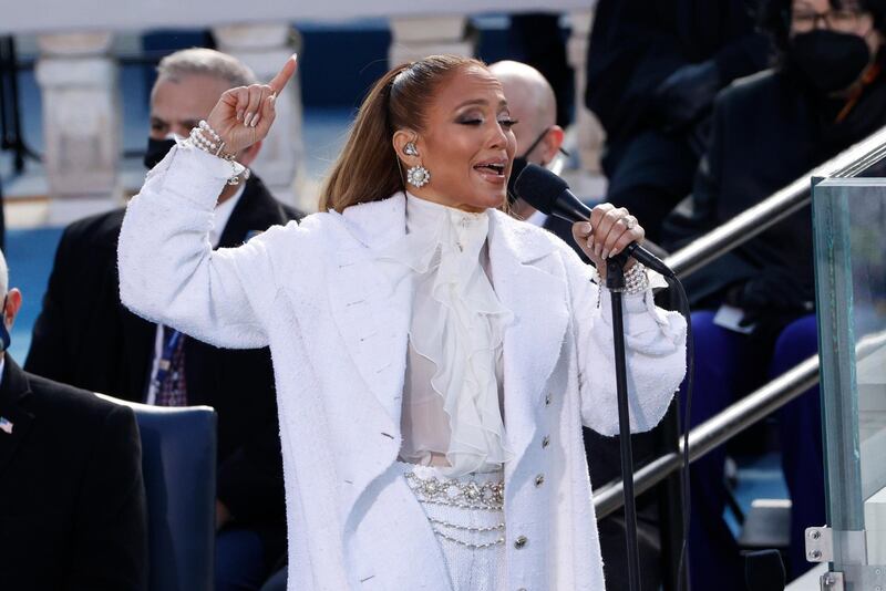 Jennifer Lopez performs during the inauguration of Joe Biden as the 46th President of the United States on the West Front of the U.S. Capitol in Washington, U.S., January 20, 2021. REUTERS/Brendan McDermid