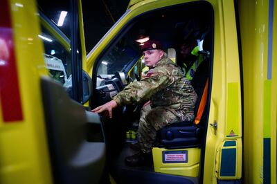 Military personnel take part in ambulance driver training at Wellington Barracks in London. They will provide cover for ambulance workers. PA 