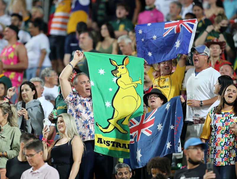 Australia fans cheer on their team during the Dubai Sevens final.