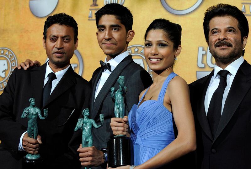 Irrfan Khan, Dev Patel, Freida Pinto, and Anil Kapoor pose with their awards for Outstanding Cast in a Motion Picture for 'Slumdog Millionaire' in the press room at the 15th Screen Actors Guild Awards in 2009. EPA