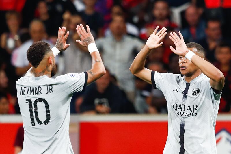 Paris Saint Germain's Kylian Mbappe and Neymar celebrate. EPA 