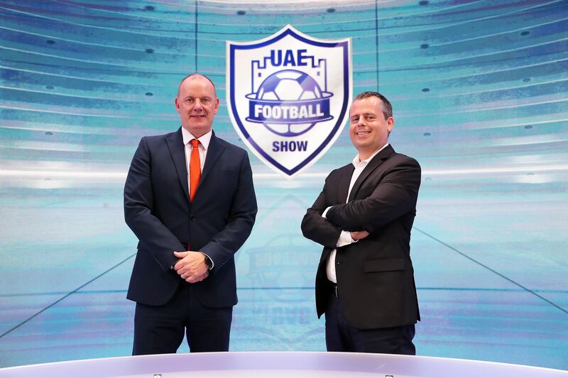 Graham Clews and Pedro Correia, presenters of the UAE Football Show after the recording in the studio at Dubai Media Inc HQ in Dubai. Pawan Singh / The National 