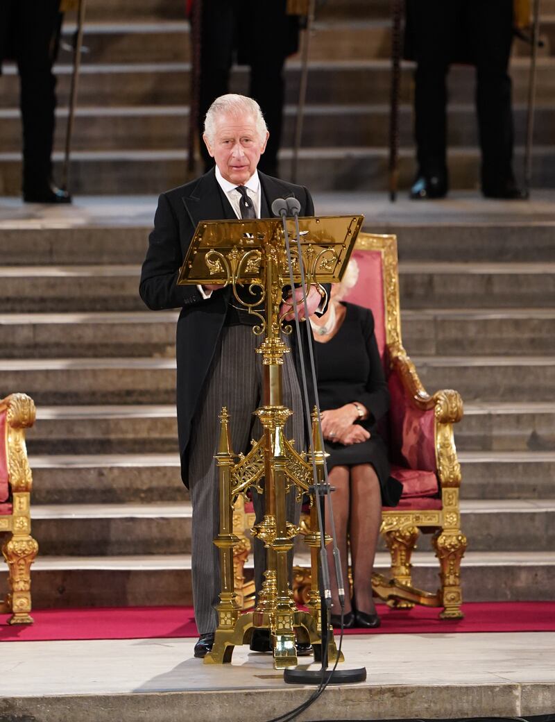 King Charles gives his address thanking the members of the House of Lords and the House of Commons for their condolences. PA