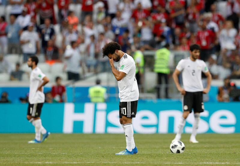 Egypt's Mohamed Salah looks dejected. Reuters