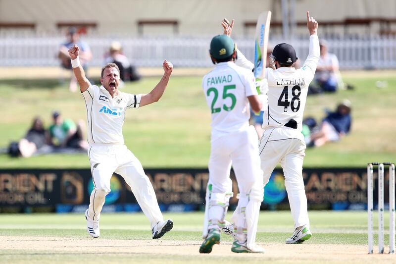 New Zealand's Neil Wagner celebrates taking the wicket of Fawad Alam. Getty