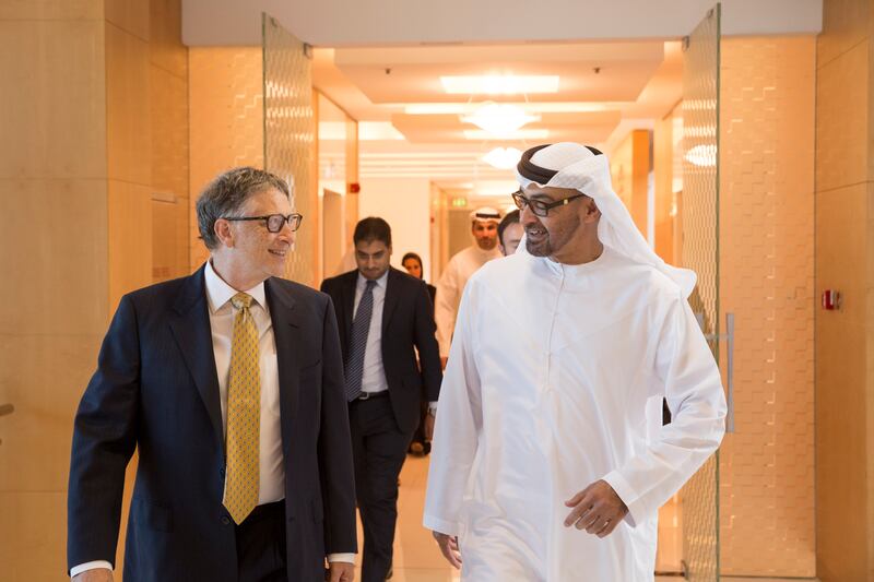 ABU DHABI, UNITED ARAB EMIRATES - December 6, 2015: HH Sheikh Mohamed bin Zayed Al Nahyan, Crown Prince of Abu Dhabi and Deputy Supreme Commander of the UAE Armed Forces (R), receives Bill Gates, Co-chair, Bill & Melinda Gates Foundation (L), prior to the Heroes of Polio Eradication (HOPE) awards ceremony at Al Mamoura.  
( Ryan Carter / Crown Prince Court of Abu Dhabi ) *** Local Caption ***  20151206RC_C141008.jpg