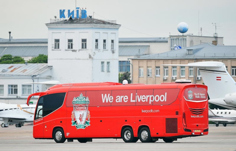 A handout photo made available by the UEFA of the Liverpool team bus departing the IEV Airport in Kiev, Ukraine. Liverpool FC will face Real Madrid in the UEFA Champions League final at the NSC Olimpiyskiy stadium in Kiev.  EPA/UEFA / HANDOUT