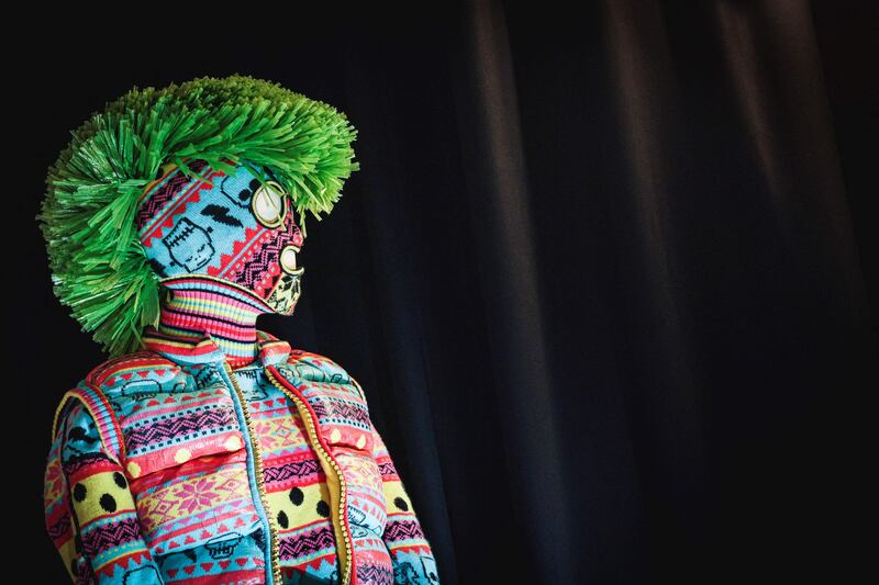 A mannequin dressed with an outfit from the brand The Knit Monster, a knitwear fashion label created by British designers Sid Bryan, Joe Bates and Cozette McCreery. AFP