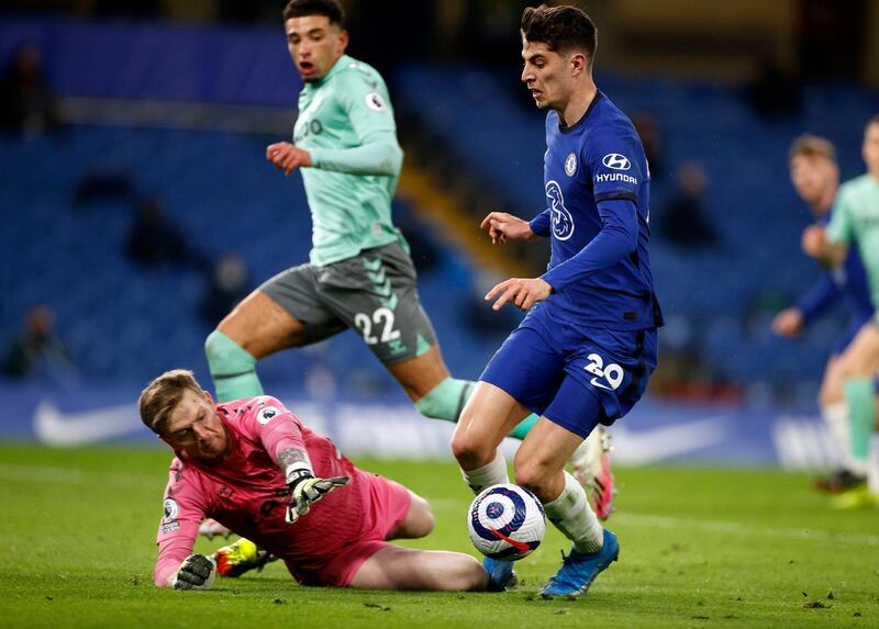 Everton goalkeeper Jordan Pickford fouls Chelsea's Kai Havertz resulting in a penalty during the Premier League match at Stamford Bridge, London. Picture date: Monday March 8, 2021. PA Photo. See PA story SOCCER Chelsea. Photo credit should read: John Sibley/PA Wire.

RESTRICTIONS: EDITORIAL USE ONLY No use with unauthorised audio, video, data, fixture lists, club/league logos or "live" services. Online in-match use limited to 120 images, no video emulation. No use in betting, games or single club/league/player publications.