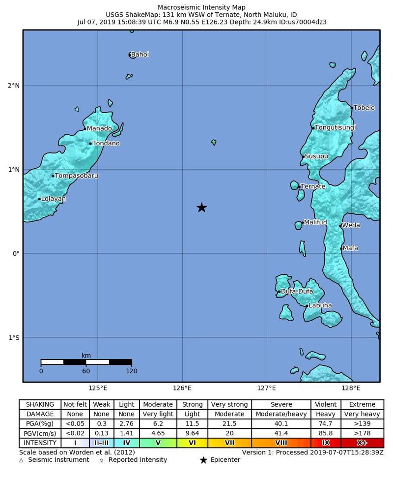 epa07701633 A handout photo made available by the US Geological Survey (USGS) shows a shake map of the 6.9 magnitude earthquake that hit eastern Indonesia, 07 July 2019. The Indonesian Geophysics Agency (BMKG) issued a tsunami alert for North Sulawesi after strong 6.9 earthquake hit in the Molucca sea off North Sulawesi.  EPA/USGS HANDOUT  HANDOUT EDITORIAL USE ONLY/NO SALES