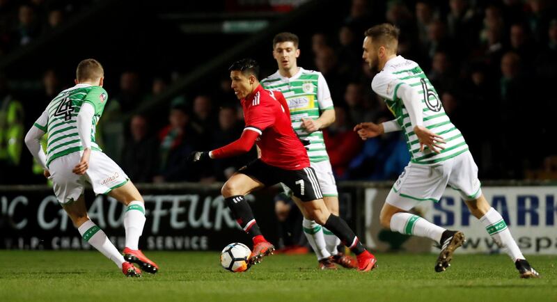 Soccer Football - FA Cup Fourth Round - Yeovil Town vs Manchester United - Huish Park, Yeovil, Britain - January 26, 2018   Manchester United’s Alexis Sanchez in action with Yeovil Town’s Lewis Wing and Jared Bird     Action Images via Reuters/Paul Childs