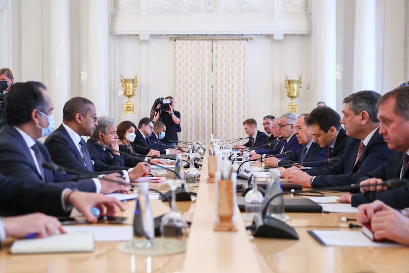 Russian Foreign Minister Sergey Lavrov meets Mr Guterres in Moscow. AFP