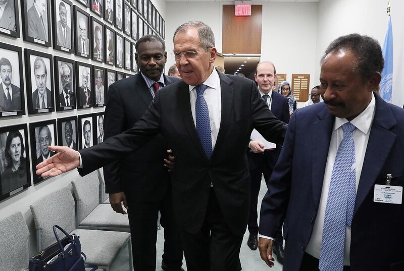 NEW YORK CITY, USA  SEPTEMBER 26, 2019: Russia's Foreign Minister Sergei Lavrov (C) and Sudan's Prime Minister Abdalla Hamdok (R) during a meeting on the sidelines of the 74th session of the United Nations General Assembly at the UN headquarters. Alexander Shcherbak/TASS (Photo by Alexander Shcherbak\TASS via Getty Images)
