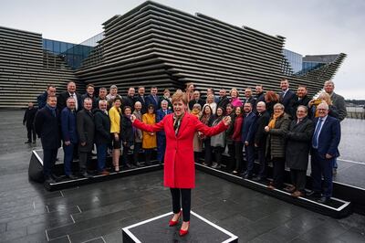 DUNDEE, SCOTLAND - DECEMBER 14: First Minister, Nicola Sturgeon, joins the SNPs newly elected MPs for a group photo outside the V&A Museum on December 14, 2019 in Glasgow, Scotland.The Scottish National Party (SNP) won 48 out of a possible 59 Westminster seats in the UK general election. Leader of the SNP, Nicola Sturgeon said the win is a "mandate for Indyref2" to decide if Scotland remains part of the United Kingdom. (Photo by Jeff J Mitchell/Getty Images)