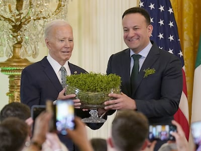 Taoiseach Leo Varadkar and US President Joe Biden during the St Patrick's Day reception at the White House earlier this month. PA