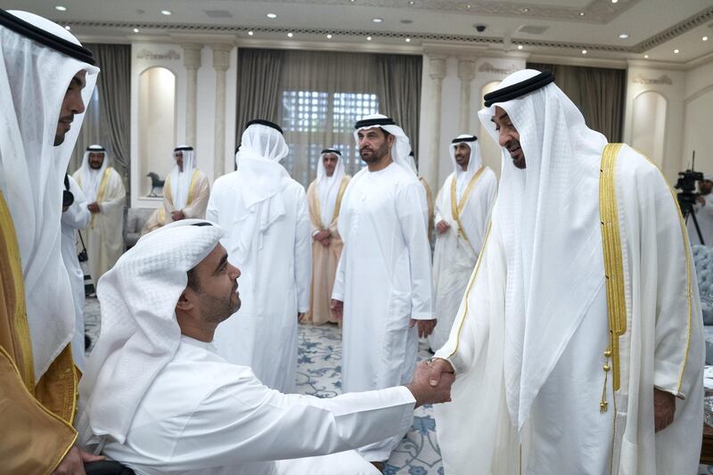 ABU DHABI, UNITED ARAB EMIRATES - June 04, 2019: HH Sheikh Mohamed bin Zayed Al Nahyan, Crown Prince of Abu Dhabi and Deputy Supreme Commander of the UAE Armed Forces (R), greets a guest during an Eid Al Fitr reception at Mushrif Palace. 

( Mohamed Al Hammadi / Ministry of Presidential Affairs )
---