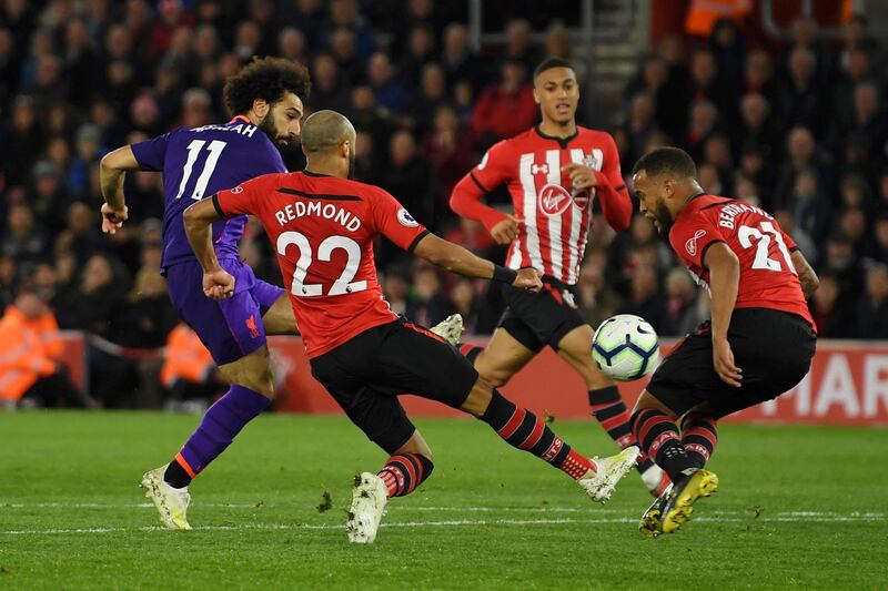 SOUTHAMPTON, ENGLAND - APRIL 05: Mohamed Salah of Liverpool scores his team's second goal during the Premier League match between Southampton FC and Liverpool FC at St Mary's Stadium on April 05, 2019 in Southampton, United Kingdom. (Photo by Mike Hewitt/Getty Images)