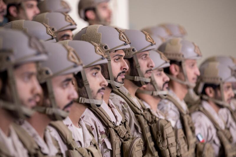 MAHAWI, ABU DHABI, UNITED ARAB EMIRATES - March 06, 2017: HH Sheikh Zayed bin Hamdan bin Zayed Al Nahyan (C) and other Presidential Guard personnel attend the inauguration of the the Joint Fires Wing of the Presidential Guard Training Institute, at Mahawi Military Camp.

( Ryan Carter / Crown Prince Court - Abu Dhabi ) *** Local Caption ***  20170306RC_C178631.JPG