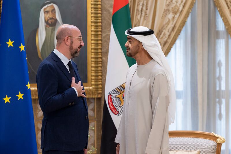 President Sheikh Mohamed met Charles Michel, president of the European Council, in Abu Dhabi on Thursday. All photos: UAE Presidential Court 