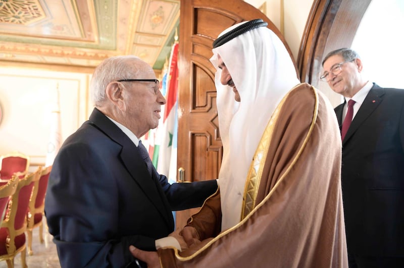 Sheikh Hamad bin Mohammed Al Sharqi, Supreme Council Member and Ruler of Fujairah, meets with Tunisian President Beji Caid Essebsi in Tunis, Tunisia. Wam