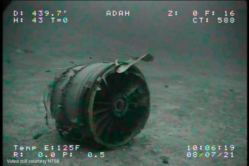 Image from video released by the NSTB shows the jet engine inlet case from Transair Flight 810 resting on the Pacific Ocean floor off the coast of Honolulu, Hawaii.