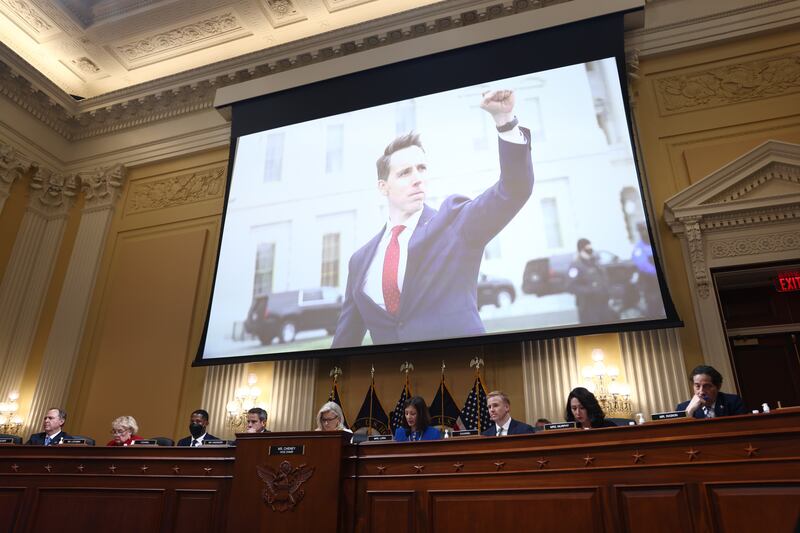 An image of Republican Senator Josh Hawley encouraging the crowd outside the Capitol on January 6, 2021, at a hearing of the House select committee investigating the riots that day. EPA