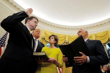 Robert Wilkie being sworn in on Monday as US Veterans Affairs Secretary. Returning soldiers often struggle with mental health issues. Brian Snyder / Reuters