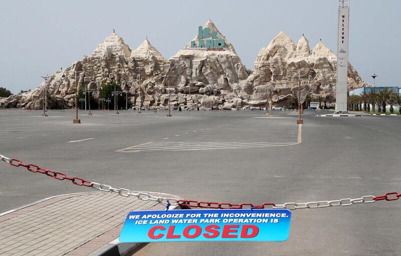RAK , UNITED ARAB EMIRATES, September 5 – 2018 :- Closed signboard at the entrance gate of the Ice Land Water Park in Ras Al Khaimah. ( Pawan Singh / The National )  For News.  Story by Ruba Haza