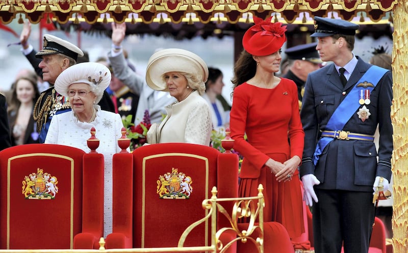 LONDON, ENGLAND - JUNE 03: (L-R) Prince Philip, The Duke of Edinburgh, Queen Elizabeth II, Camilla, Duchess of Cornwall, Catherine, Duchess of Cambridge and Prince William, Duke of Cambridge onboard the Spirit of Chartwell during the Diamond Jubilee Pageant on the River Thames during the Diamond Jubilee Thames River Pageant on June 3, 2012 in London, England. For only the second time in its history the UK celebrates the Diamond Jubilee of a monarch. Her Majesty Queen Elizabeth II celebrates the 60th anniversary of her ascension to the throne. Thousands of well-wishers from around the world have flocked to London to witness the spectacle of the weekend's celebrations. The Queen along with all members of the royal family will participate in a River Pageant with a flotilla of a 1,000 boats accompanying them down The Thames, the star studded free concert at Buckingham Palace, and a carriage procession and a service of thanksgiving at St Paul's Cathedral.  (Photo by John Stillwell - WPA Pool/Getty Images)