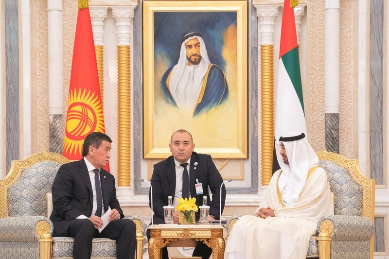 ABU DHABI, UNITED ARAB EMIRATES -December 12, 2019: HH Sheikh Mohamed bin Zayed Al Nahyan, Crown Prince of Abu Dhabi and Deputy Supreme Commander of the UAE Armed Forces (R) meets with HE Sooronbay Sharipovich Jeenbekov, President of Kyrgyzstan (L), during an official visit reception at Qasr Al Watan. 

( Rashed Al Mansoori / Ministry of Presidential Affairs )
---