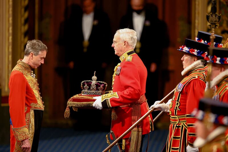 The Imperial State Crown arrives at the Royal Gallery in the House of Lords. PA