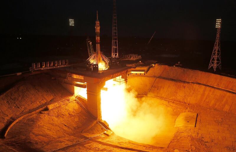 This image taken moments earlier shows how the launch pad functions, with the incredible heat from the boosters funnelled away from the rocket into a blast zone. Gagarin's Start has been used for Soyuz flights since 1961 but Wednesday's launch was its last, as it cannot accommodate Russia's new generation of 'Federation' space ships. Maxim Shipenkov / EPA