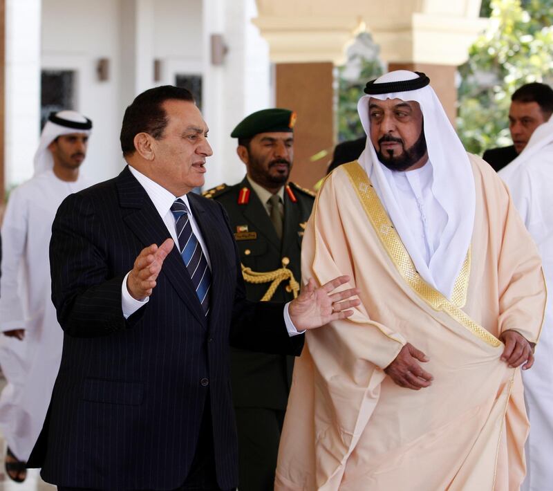 ABU DHABI, UNITED ARAB EMIRATES Ð February 12, 2008:  (right) President of the UAE, Khalifa bin Zayed bin Sultan Al Nahyan hosts Egyptian President, Hosni Mubarak at the Al Musharif Palace. (Photo by Ryan Carter / ADMC)