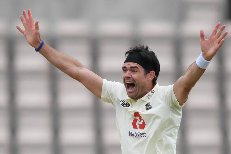 England bowler James Anderson successfully appeals for the wicket of West Indies' John Campbell. AFP