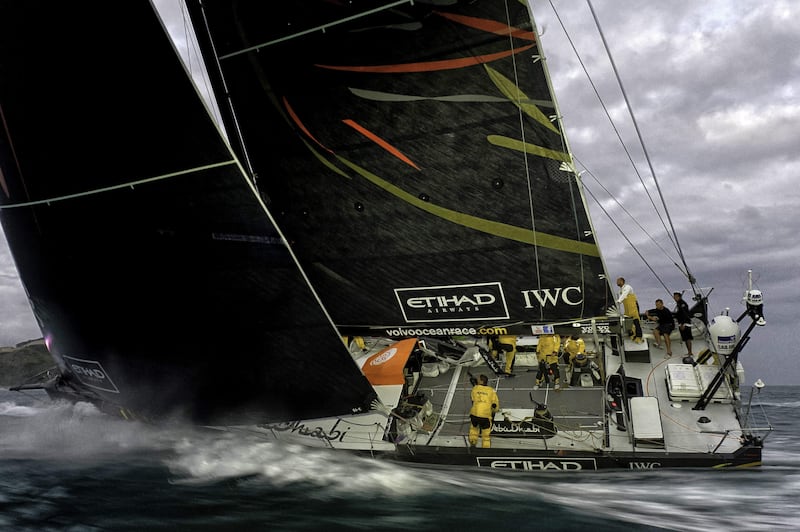 In this photograph provided by the Volvo Ocean Race, Abu Dhabi Ocean Racing, skippered by Ian Walker from the UK, sails to the line to finish leg 3 of the Volvo Ocean Race 2011-12 from Abu Dhabi, UAE, to Sanya, China on Saturday, Feb. 4, 2012. (AP Photo/Paul Todd/Volvo Ocean Race) EDITORIAL USE ONLY *** Local Caption ***  China Volvo Ocean Race.JPEG-00aba.jpg