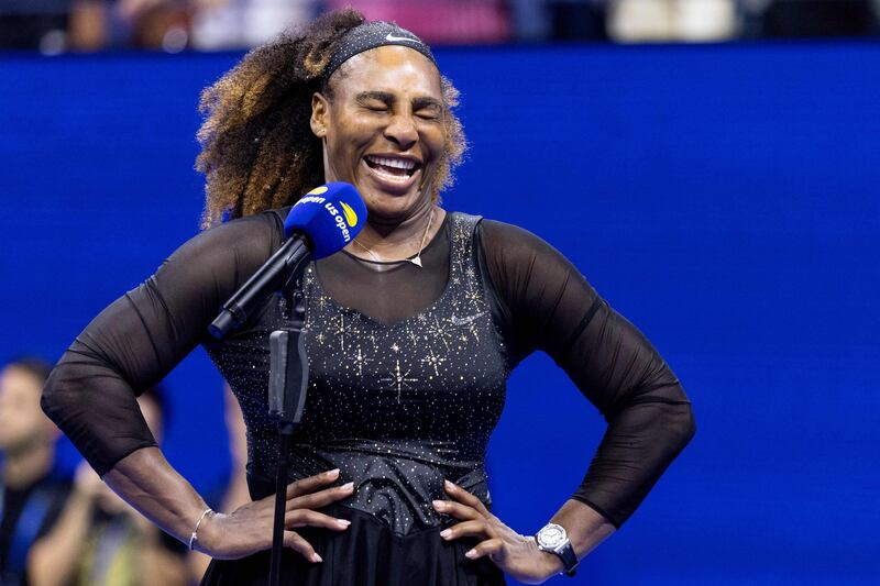 US player Serena Williams reacts during a tribute in her honor after defeating Montenegro's Danka Kovinic. AFP