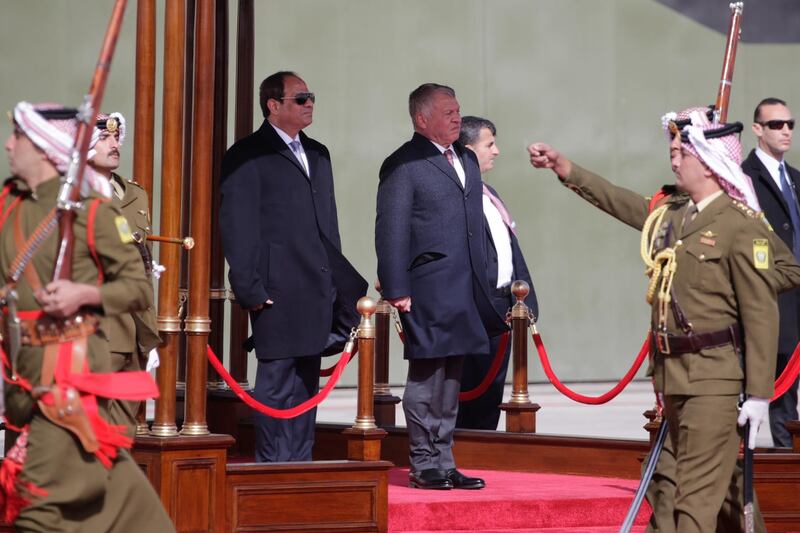 Egyptian President Abdel Fattah al-Sisi reviews the Jordan Royal Guard of Honour with Jordan King Abdullah II upon his arrival at Marka Airport, Amman, Jordan. EPA