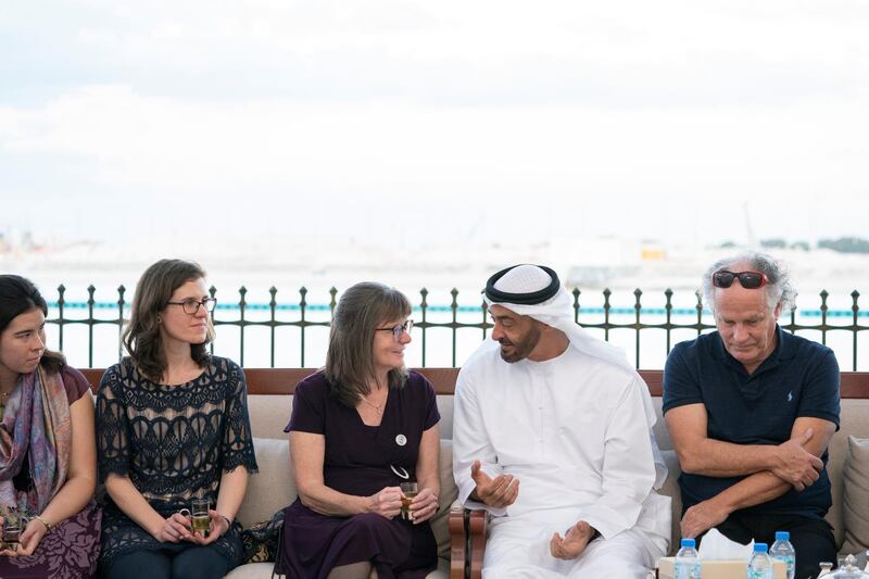 ABU DHABI, UNITED ARAB EMIRATES - December 23, 2019: HH Sheikh Mohamed bin Zayed Al Nahyan, Crown Prince of Abu Dhabi and Deputy Supreme Commander of the UAE Armed Forces (2nd R) receives the family of the late couple Doctors Pat and Marian Kennedy who founded the Kanad Hospital in Al Ain, during a Sea Palace barza.

( Mohamed Al Hammadi / Ministry of Presidential Affairs )
---