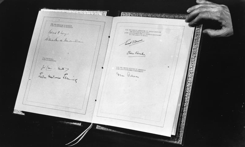 The North Atlantic Treaty showing the signatures of the foreign secretaries and ambassadors of the original signing nations - Belgium, Britain, Canada, Denmark, France, Iceland, Italy, Luxembourg, the Netherlands, Norway, Portugal and the US