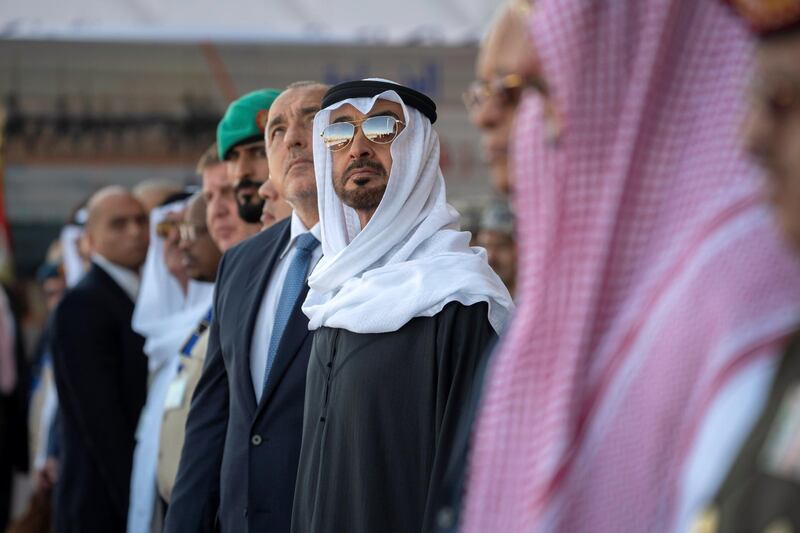 BERENICE, EGYPT - January 15, 2020: HH Sheikh Mohamed bin Zayed Al Nahyan, Crown Prince of Abu Dhabi and Deputy Supreme Commander of the UAE Armed Forces (C), attends the opening ceremony of Berenice Military Base.

( Hamad Al Kaabi /  Ministry of Presidential Affairs )
—