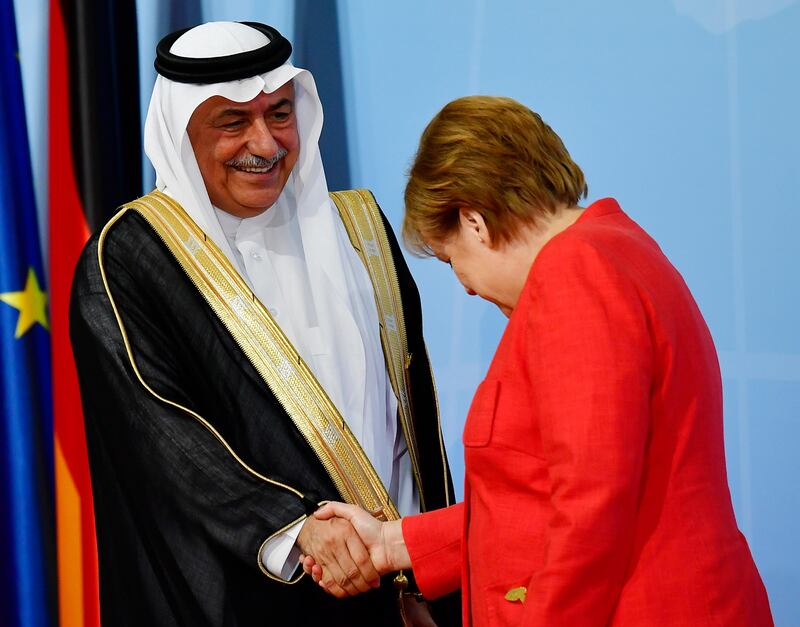 German Chancellor Angela Merkel welcomes Saudi Arabia´s state minister Ibrahim Abdulaziz Al Assaf. Tobias Schwarz / AFP Photo