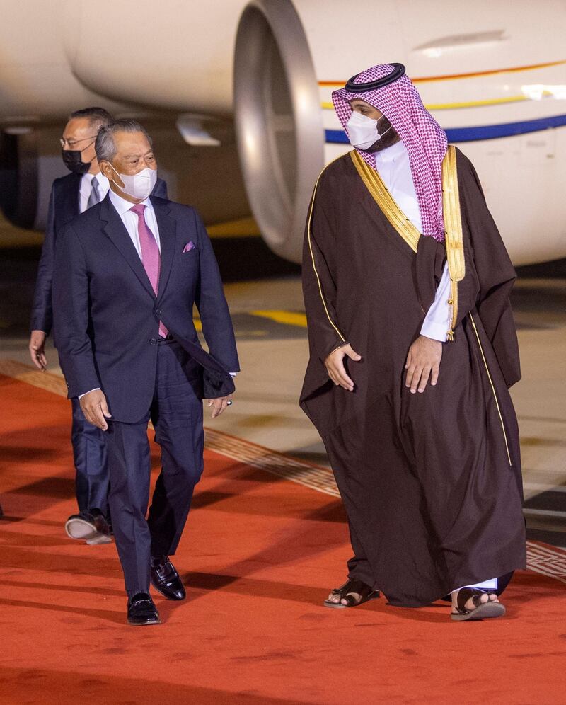 Saudi Crown Prince Mohammed bin Salman welcomes Malaysian Prime Minister Muhyiddin Yassin to the capital Riyadh. AFP