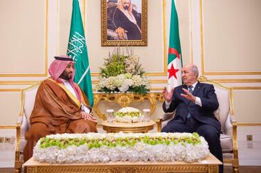 Algerian President Abdelmadjid Tebboune mneets with Saudi Arabian Crown Prince Mohammed bin Salman in Riyadh, Saudi Arabia on February 26, 2020. Saudi Royal Court handout