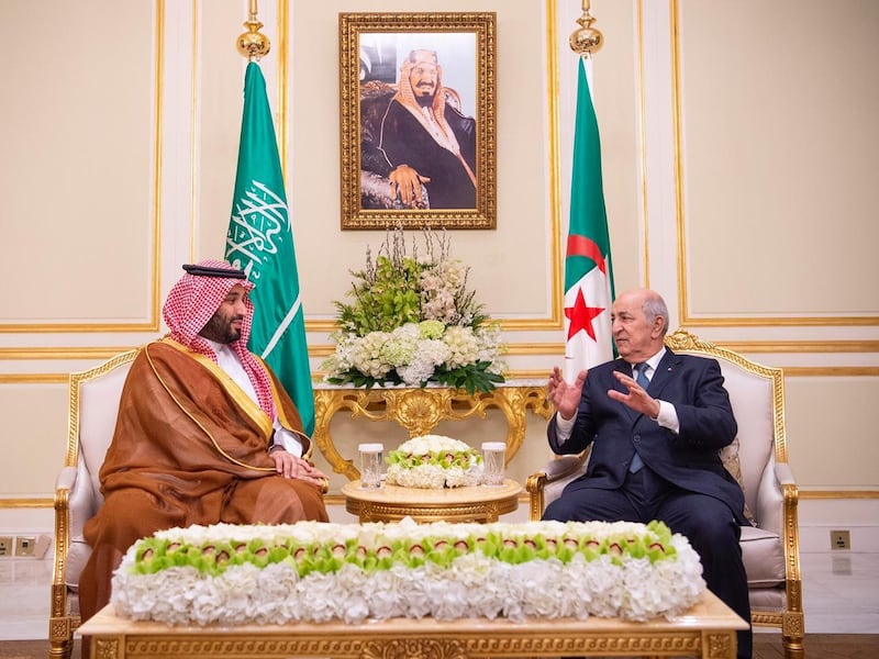 Saudi Arabia's Crown Prince Mohammed bin Salman meets with Algeria's President Abdelmadjid Tebboune in Riyadh, Saudi Arabia February 26, 2020. Bandar Algaloud/Courtesy of Saudi Royal Court/Handout via REUTERS ATTENTION EDITORS - THIS PICTURE WAS PROVIDED BY A THIRD PARTY