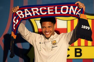 BARCELONA, SPAIN - DECEMBER 27: New FC Barcelona player Vitor Roque is unveiling at Spotify Camp Nou on December 27, 2023 in Barcelona, Spain. (Photo by David Ramos / Getty Images)