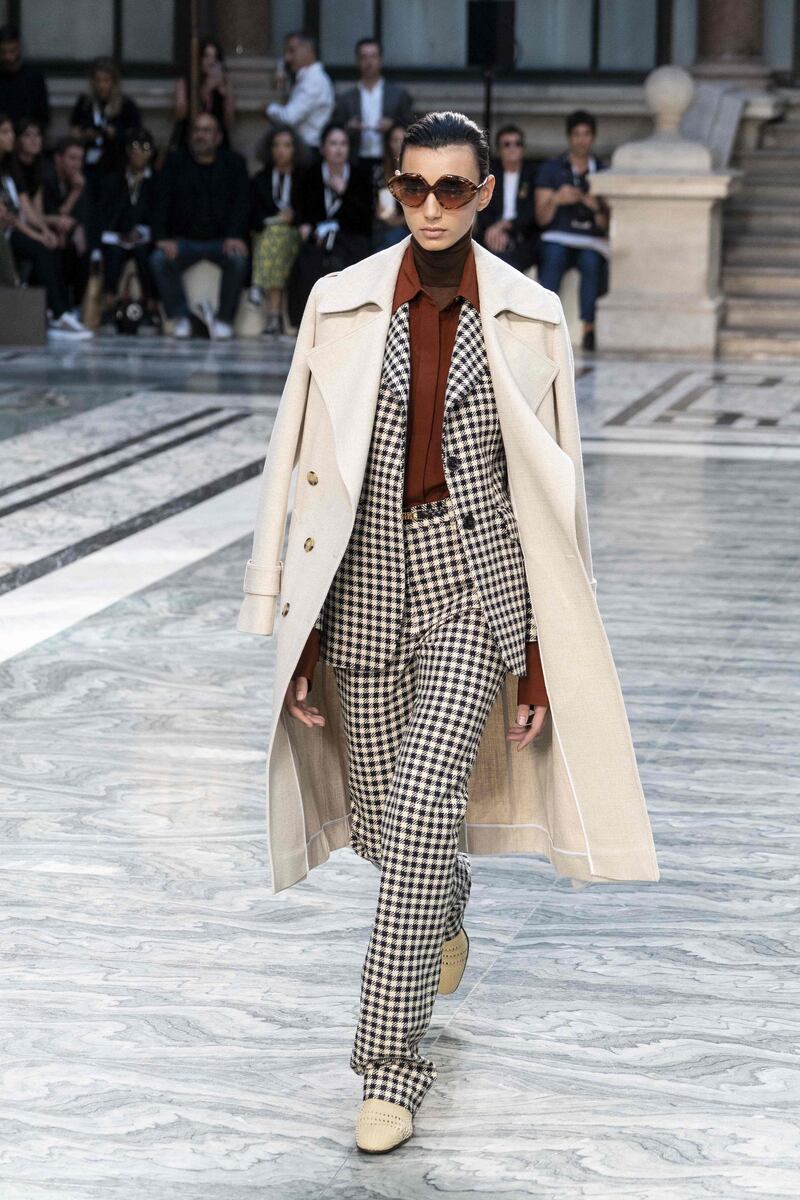 More autumnal than springtime, Victoria Beckham delivers gornw up covered dressing for spring / summer 2020 at London Fashion Week. Niklas Halle&#39;n, AFP