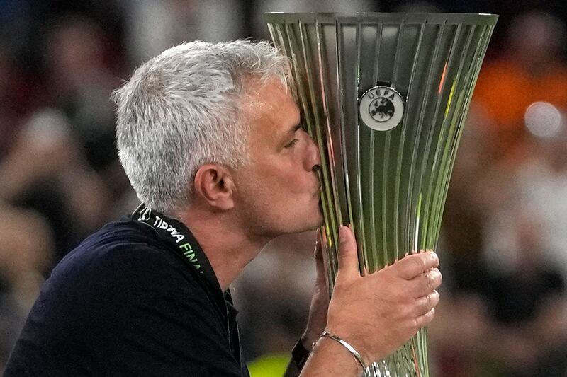 Jose Mourinho - The Portuguese has rebuilt his reputation at Roma following indifferent stints at Manchester United and Tottenham. Hailed as a hero in Rome for guiding the club to the inaugural Europa Conference League, Mourinho has said he feels an emotional attachment to the club, but the lure of taking over one of Europe's superclubs may prove too tempting an offer to turn down. AP Photo